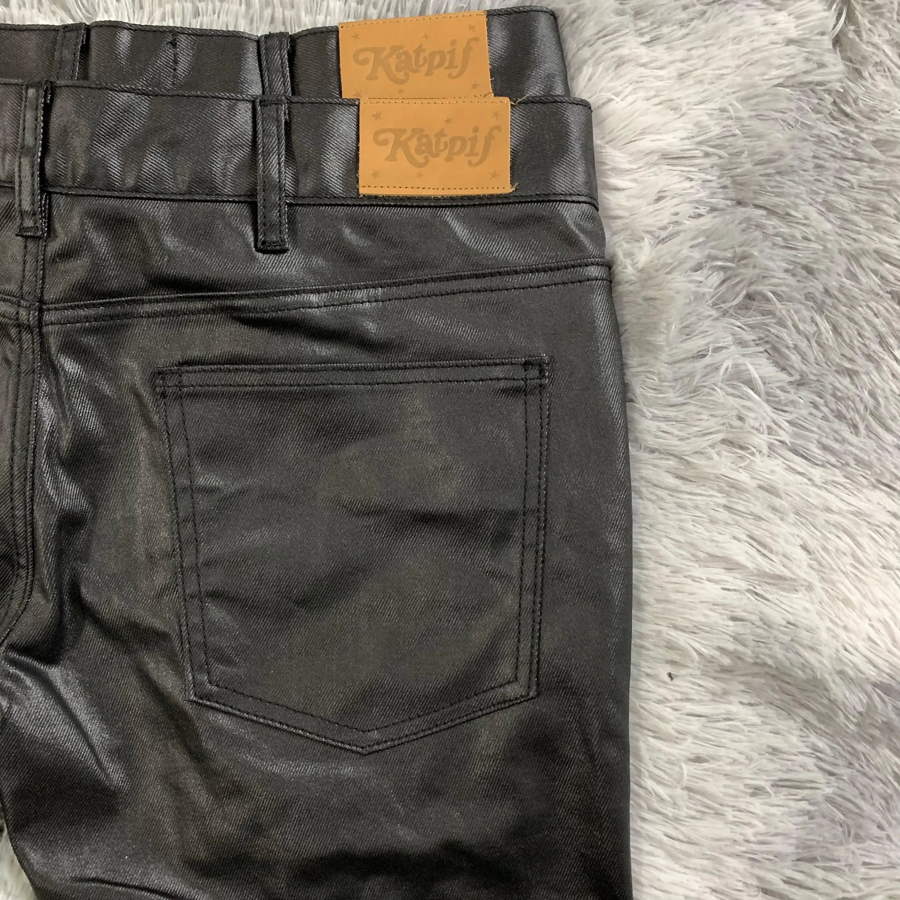 DENIMGUYS Fashion Trend Custom Black Waxed Jeans Coated Straight Solid Color Flared Wax Jeans