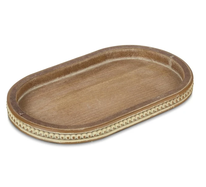 Rustic White Washed Wood Bead Oval Tray Plastic Farmhouse Decor Trays for Kitchen Coffee Table Serving Gift Ideas