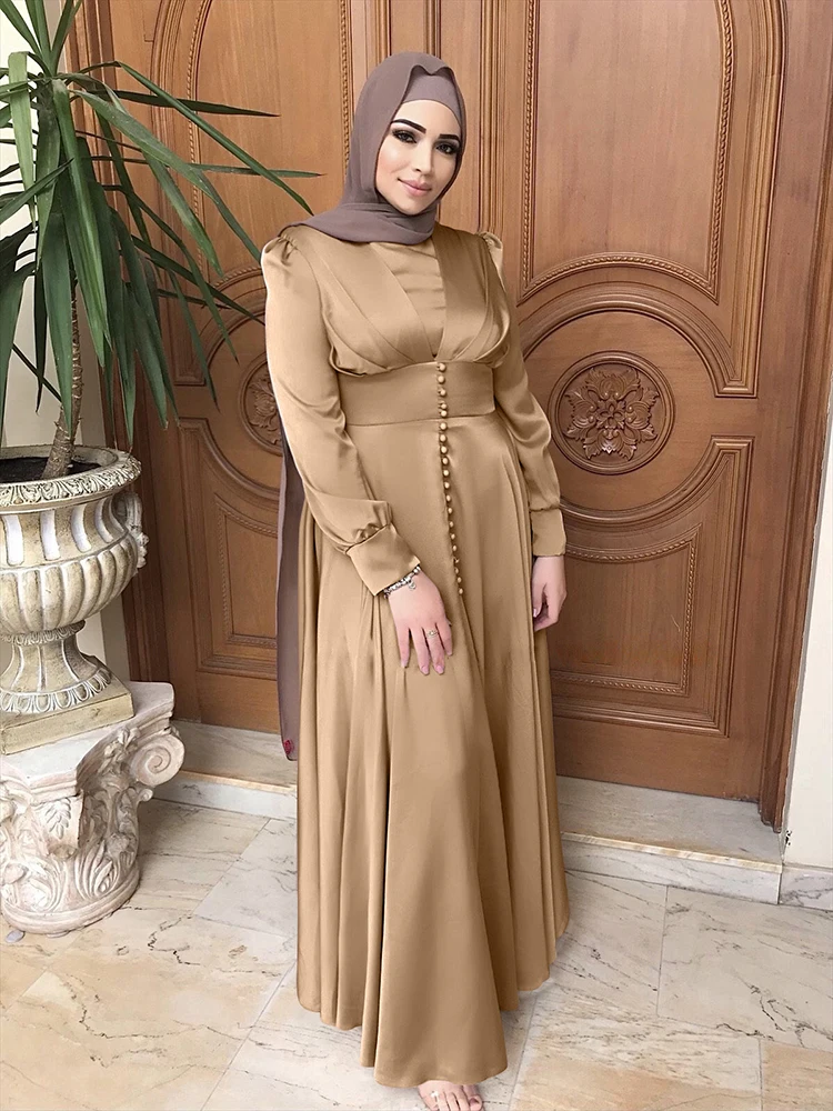 High Quality Modest Clothing Islamic Dress Solid Color Elegant Beaded Satin Muslim Women Dress