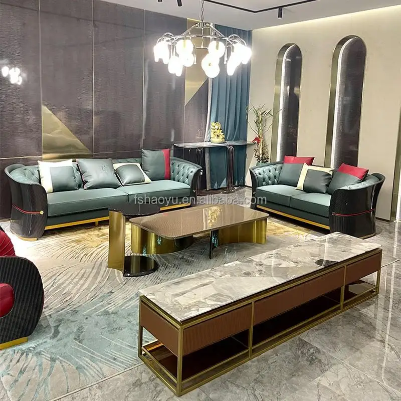 7 seater morden sofa set luxury Italian seating room LivingRoom sofa Furniture light Luxury Wooden trim Curve leather Sofa Sets