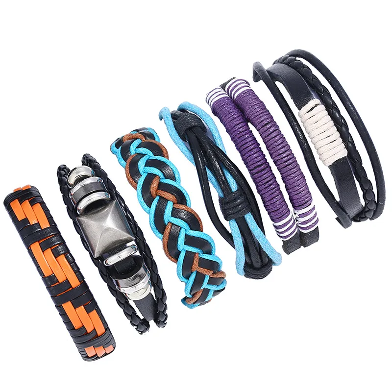 DIY 6pcs in 1 set free size adjustable woven cowhide bracelet genuine leather bracelet set for man for women wholesale men brac
