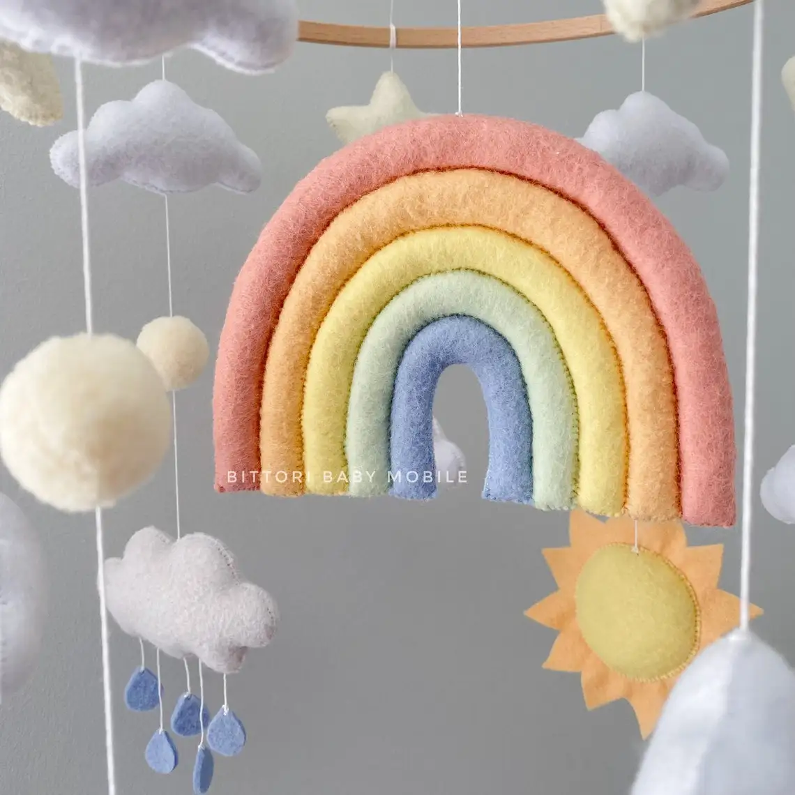 bedroom organic wooden round circle weather rainbow sun star rain cloud custom wool felt balls holz diy baby crib mobile
