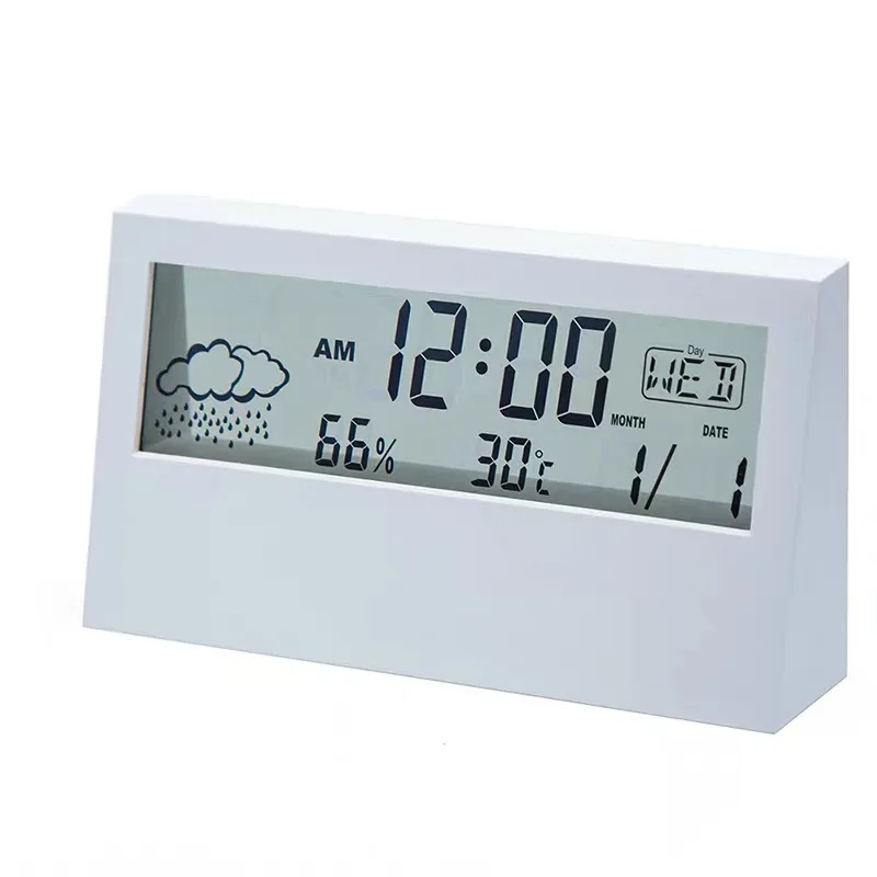Led Weather Station Display Alarm Clock Promotional Household Temperature Indicator With Humidity Transparent Lcd Table Clock
