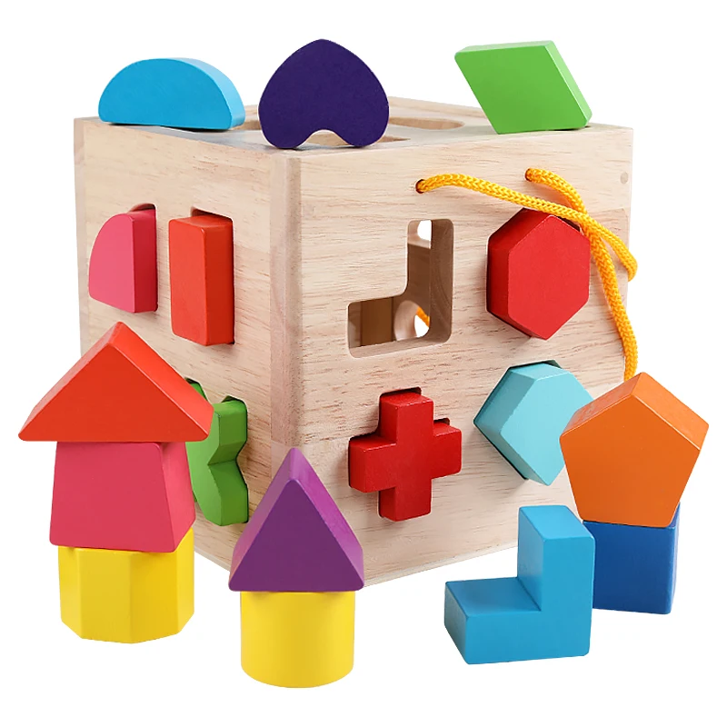 Wood Geometric Shape Blocks and Sorter Sorting Cube Box  Building Blocks Puzzles Educational Toys For Toddler Preschool Children