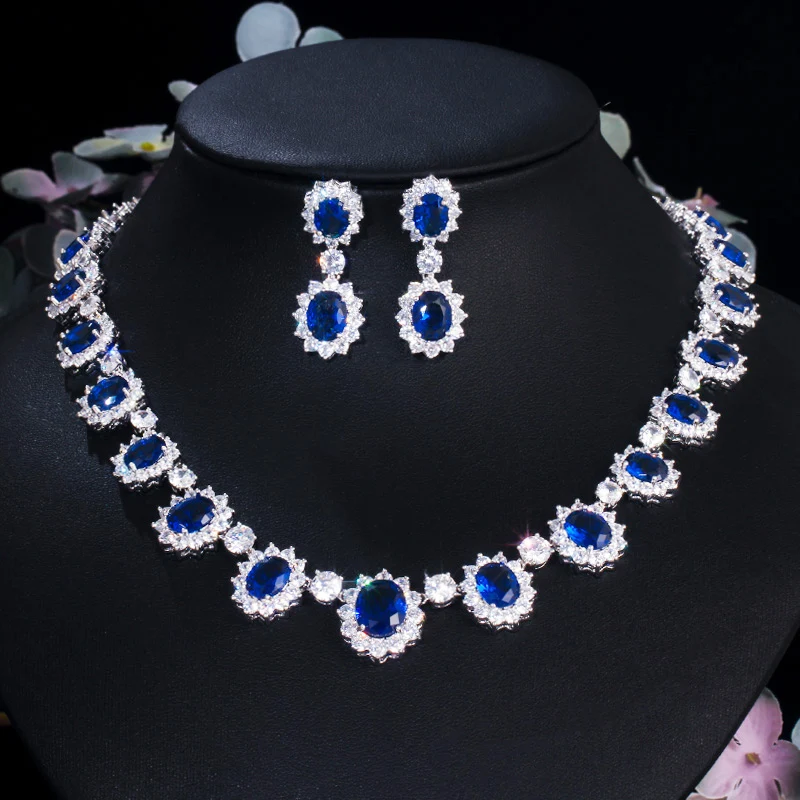 Women Luxury Gorgeous Full CZ Stones Big Oval Around Dark Blue Crystal Flower Party Wedding Dress Necklace Jewelry Sets for Lady