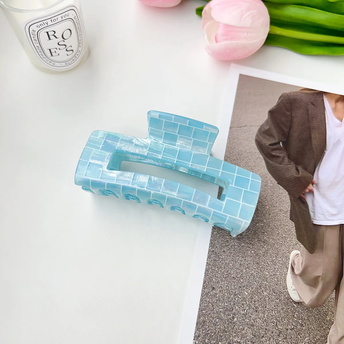 YJL New Design Square Shape Design Girls Shiny Clip 10.5cm Hair Claw Clip Outdoor PVC Hair Claw For Thick Hair