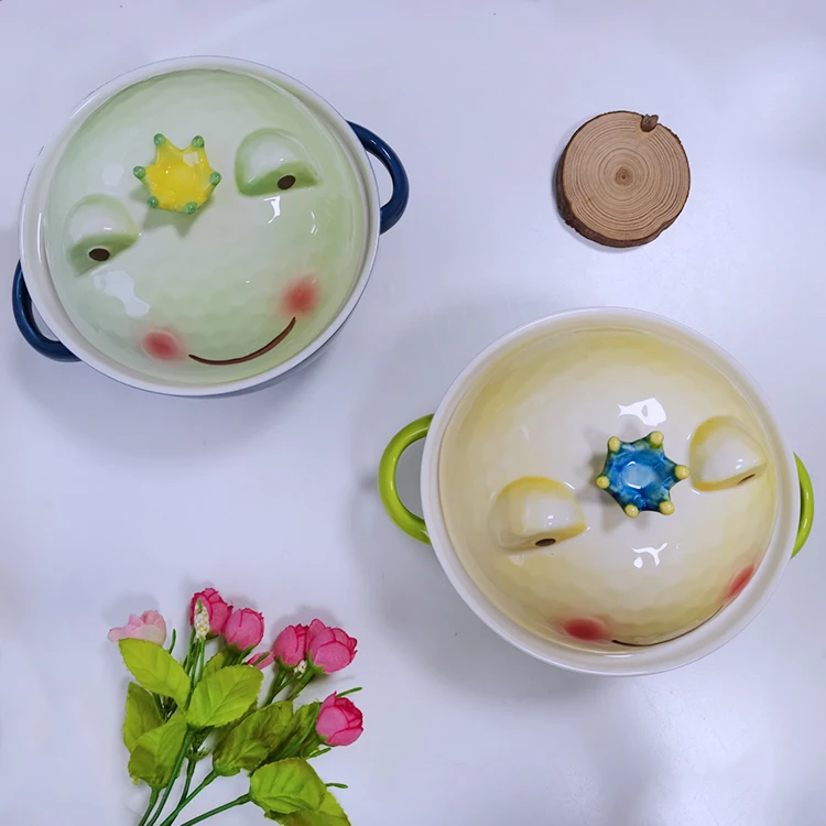 Creative Porcelain Frog Prince Ramen Noodle Bowl Soup Bowls With Cover And Handle Gift Set