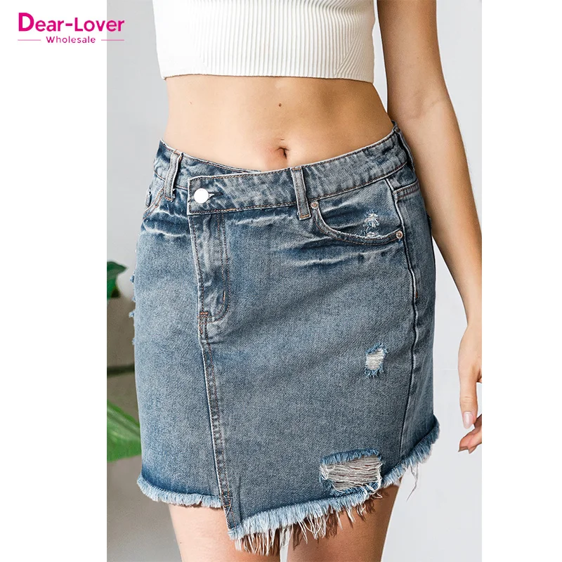 Dear-Lover Wholesale Y2K Skirts Designs Diagonal Seam Raw Hem Distressed Ladies Short Jean Mini Denim Skirt for Women
