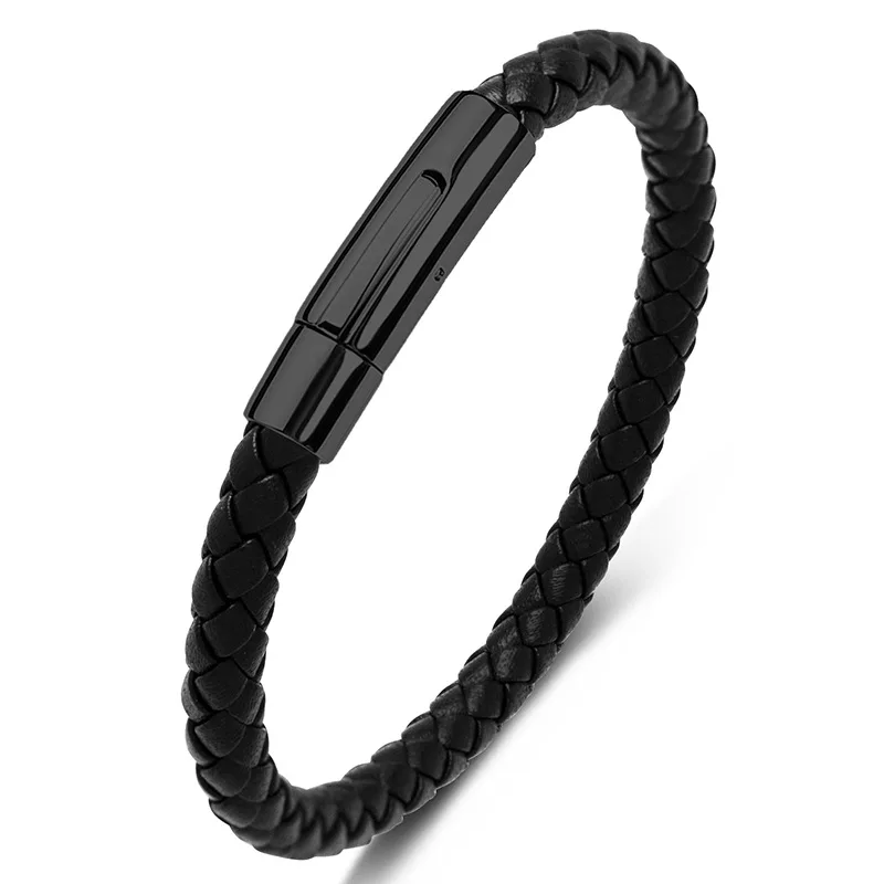 Personalized 6mm Synthetic Leather Wrist Band Black Red Blue Stainless Steel and Leather Bracelets for Men Jewelry Use