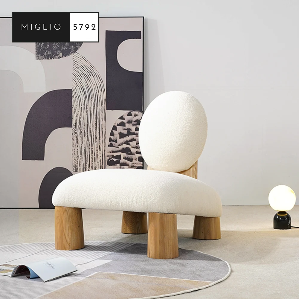 Miglio Furniture Nordic Japandi Home Furniture Wood Lazy Lounge Chair White Boucle Velvet Leisure Accent Armchair Living Room
