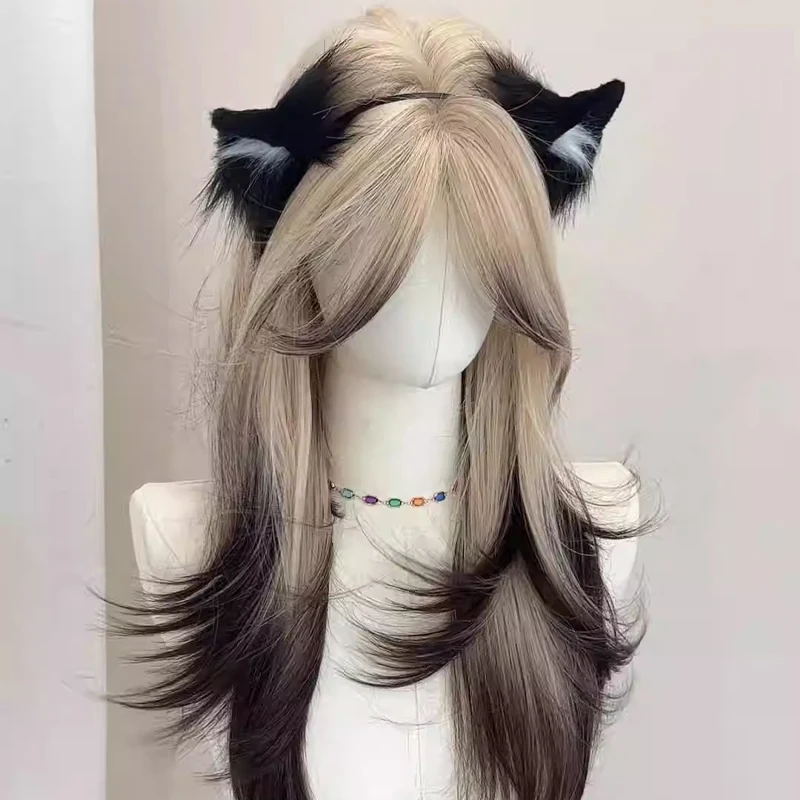 Wig Synthetic Long Wavy Curly Hair Wigs with Bangs, Blonde Highlights Black Lolita Cosplay Party Wigs, Natural Curly Heat