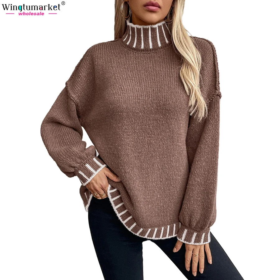 Luxury knitwear woman fall sweaters cozy contrast rib turtleneck pullover drop shoulder white jumper knitted sweater women