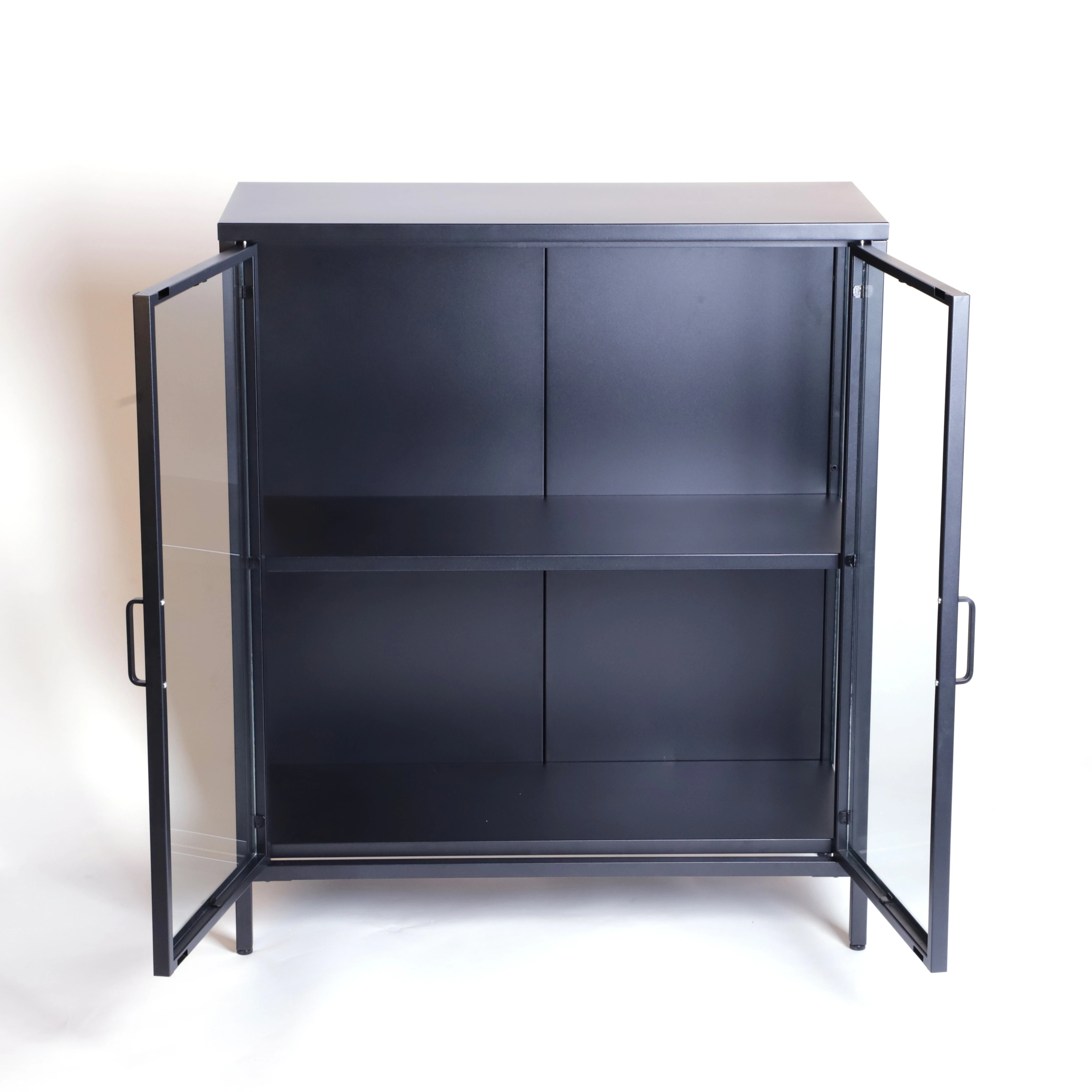 Easy assemble reliable quality black iron led glass storage cabinet