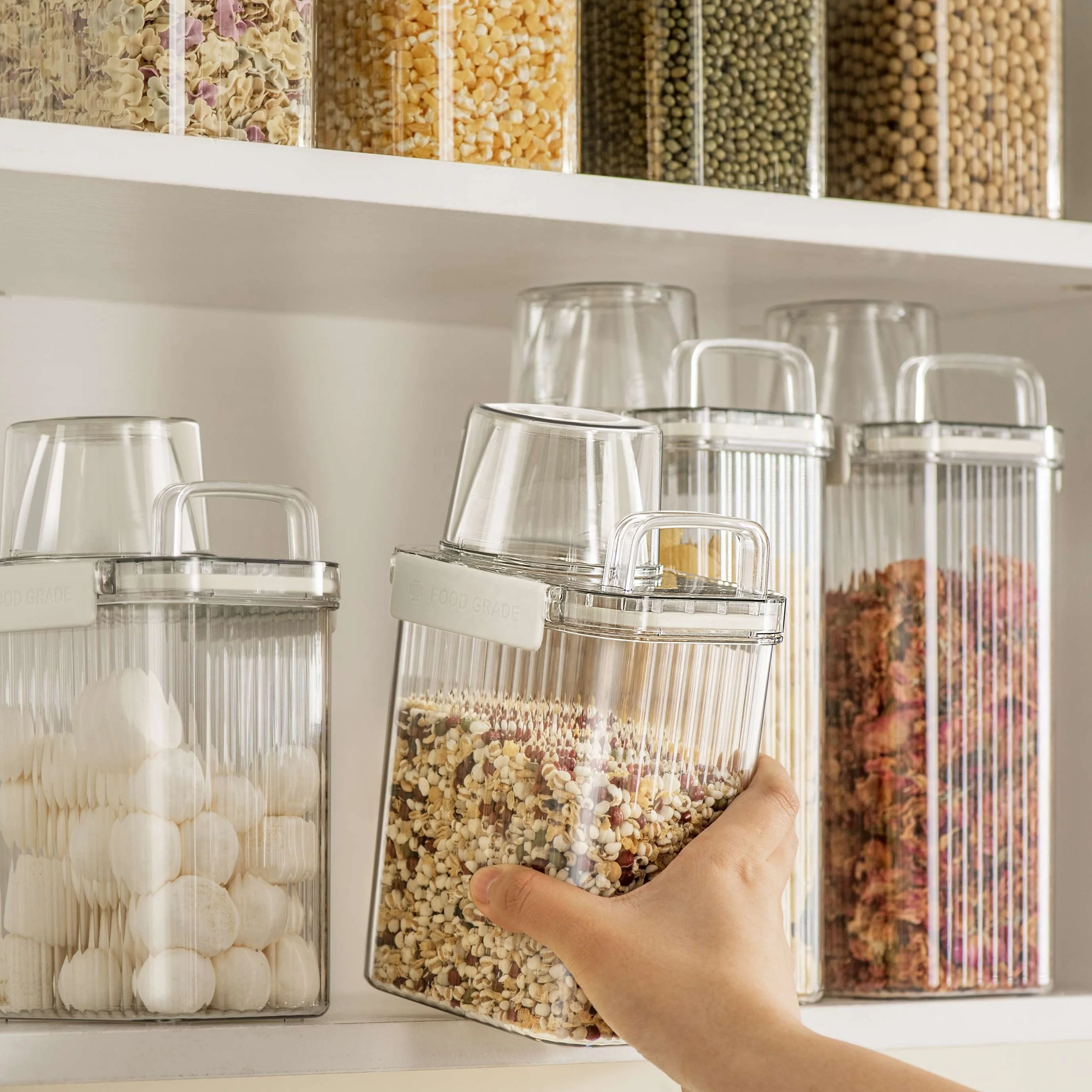 Multifunctional Rectangle Kitchen Cabinet Storage Organizer with Measuring Cup Plastic Food Jar Container tea storage Canister