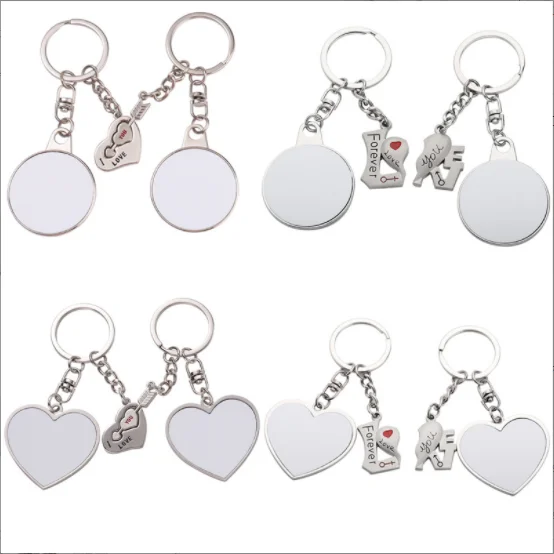 Custom Logo Heat Press Printing Metal Two Heart Love Sublimation Lovers Gift Couple Keyring Keychain