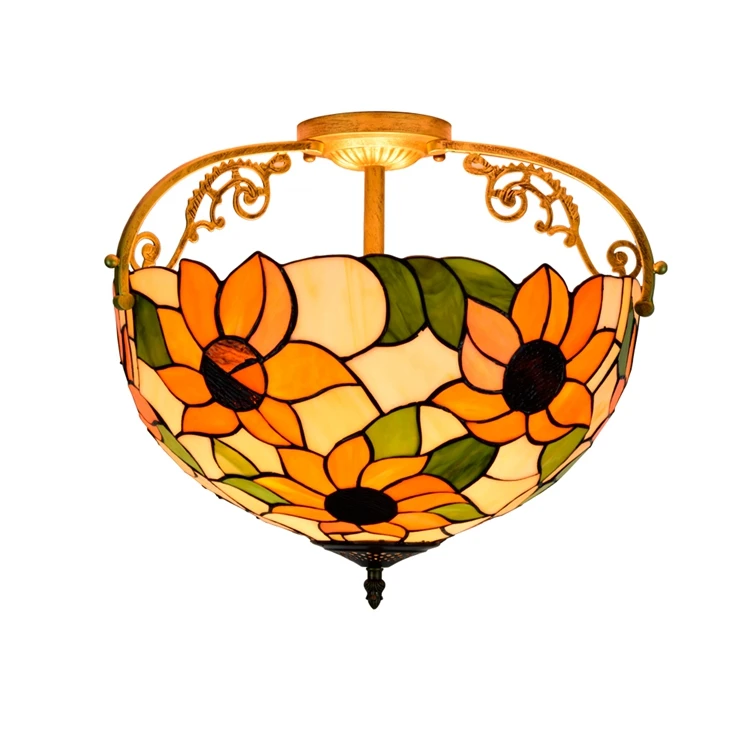 Retro sun flower led iron restaurant bar lighting Tiffany stained glass bedroom hall corridor balcony semi ceiling lamp