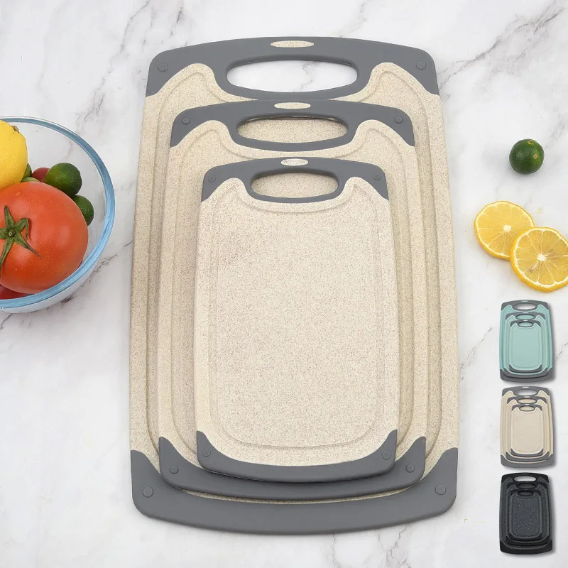 Kingwise Kitchen 3 Pcs PP Cutting Fruit Meat Chopping Board Wheat Straw Cutting Board Sets with Juice Grooves