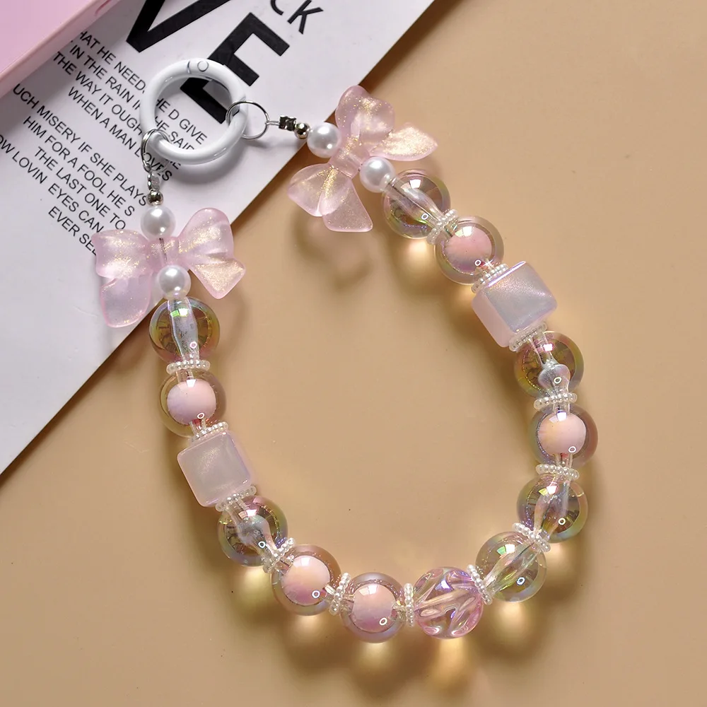 2024 new products Small Fresh Keychain Pendant Diy Phone Case Transparent Beaded Bracelet For Mobile Phone cellphone chains