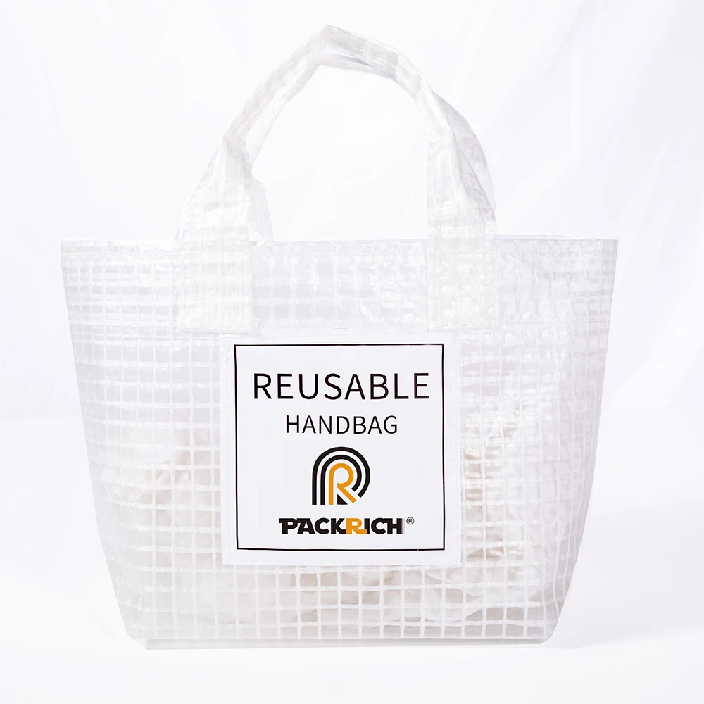 Custom Logo Waterproof Accept Recyclable Pvc Promotional Shoulder Tote Shopping Beach Transparent Carrying Woven Bag With Handle