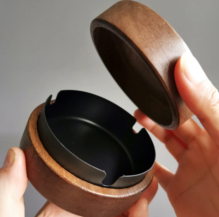 Real Walnut Wood 3 Parts Ashtray Smoking Outdoor Cigarettes Ash Tray with Lid smell proof