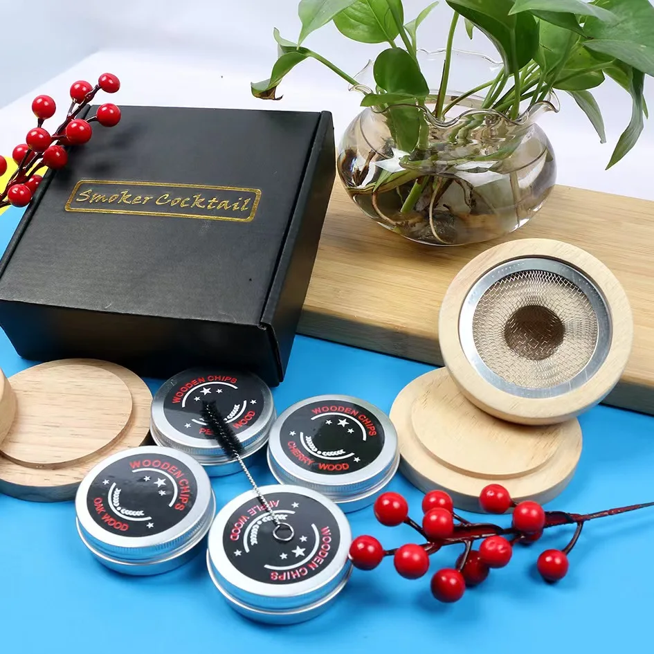 Bartending Cocktail Smoker Kit Set With Torch And 4 Kind Of Wood Chips Wooden Box For Whiskey Cocktail Smoker