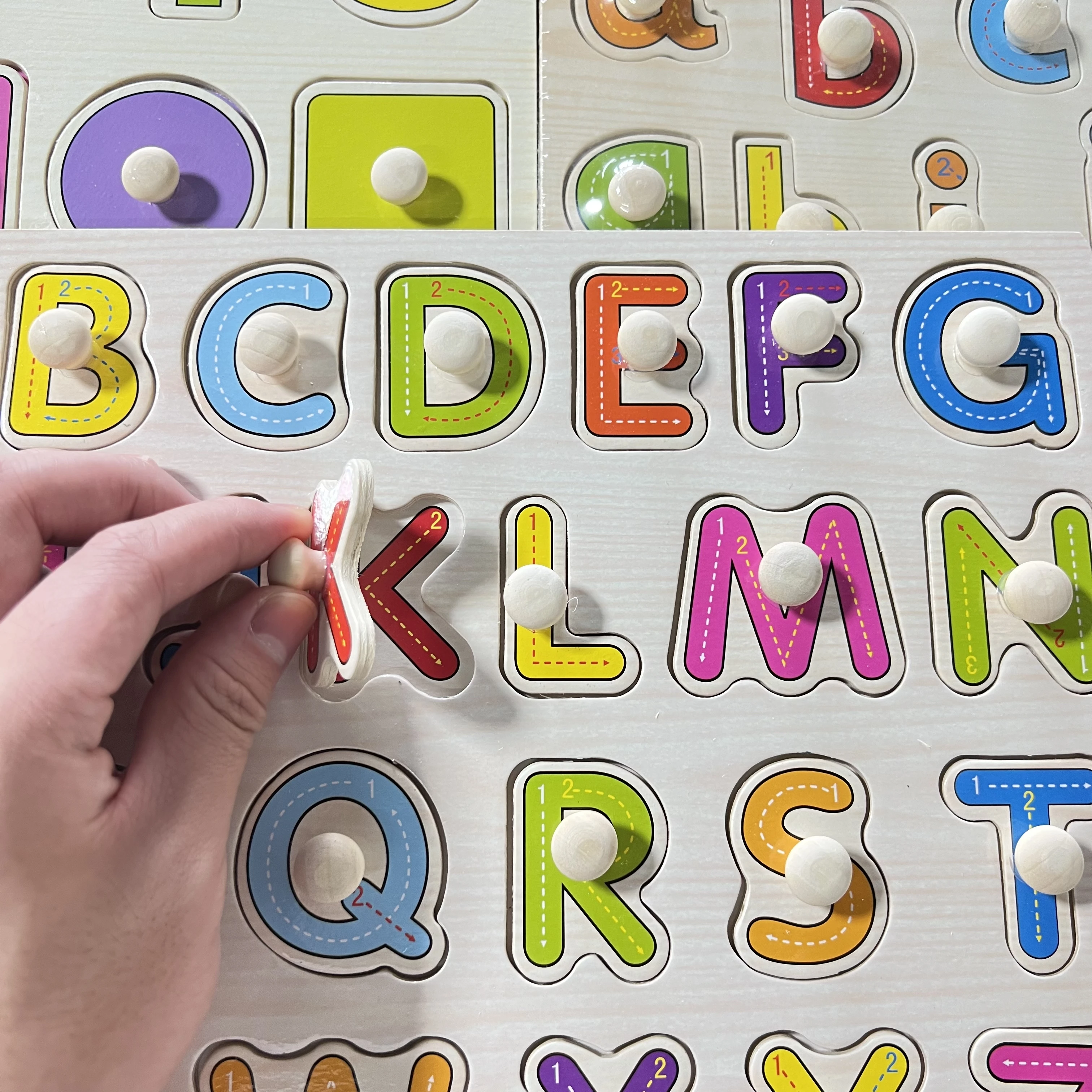 Montessori Wooden Alphanumeric & Animal Fruit Cognitive Puzzle Board Hand-Grasping Jigsaw Early Education Toys for Toddlers