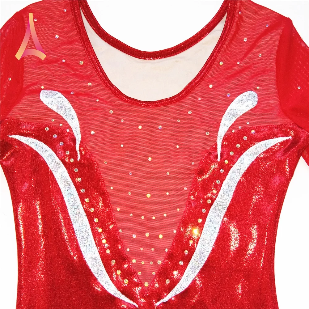 Fancy Long Sleeve Gymnastics Leotard Red Girls Leotard
