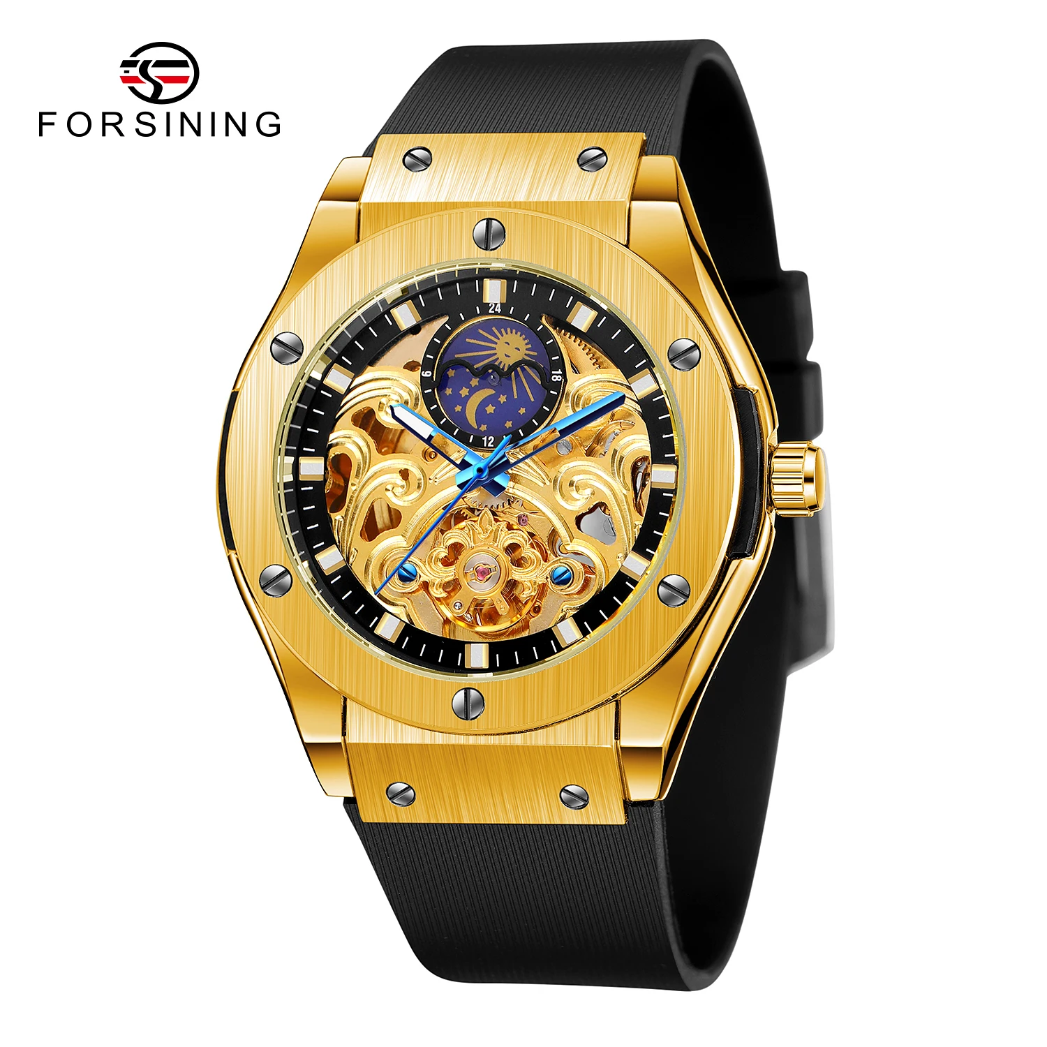 FORSING Top Luxury Brand Men Automatic Mechanical Watch Golden Metal Series 3D Skeleton Dial Moon Phase Male Wrist Watches