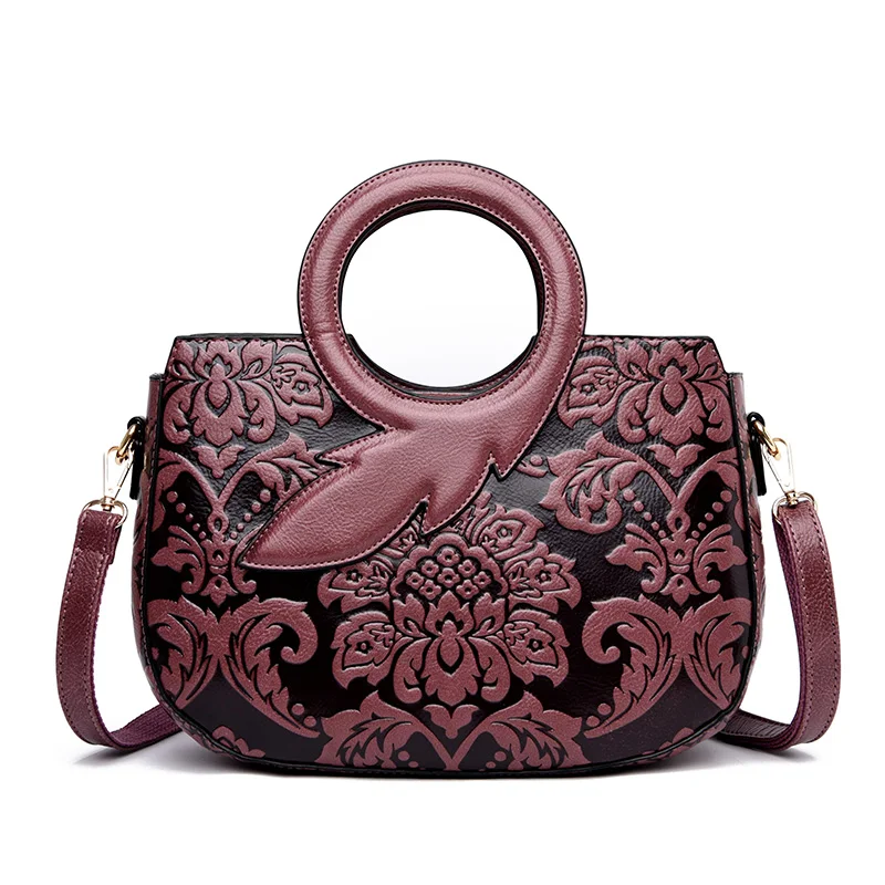 Stylish Vintage large capacity Lady luxury purse women handbag with handle and flower embossed pattern