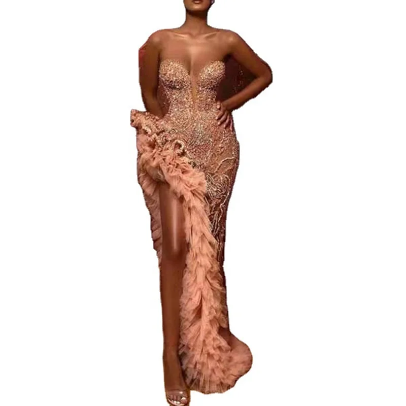 
 Женское роскошное вечернее платье, кружевное платье без рукавов с бусинами, с высоким воротом и открытой спиной, платье русалки на выпускной, с оборками и высоким разрезом  