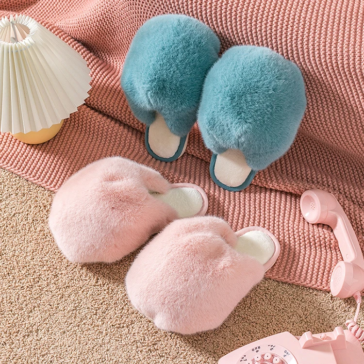 Women Fluffy Imitated Rabbit Fur Closed Toe Cute Cat Home Bedroom Fashion Fur Slides Slippers