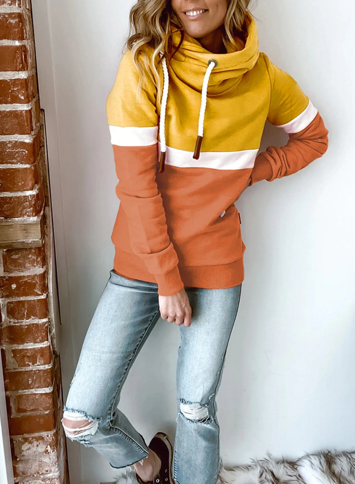 Tri Color Blend Mix Colour Hoodie Para Mujer Cowl Neck Hoodie Plus Size Drawcord End Hoodies And Sweat Shirts For Women