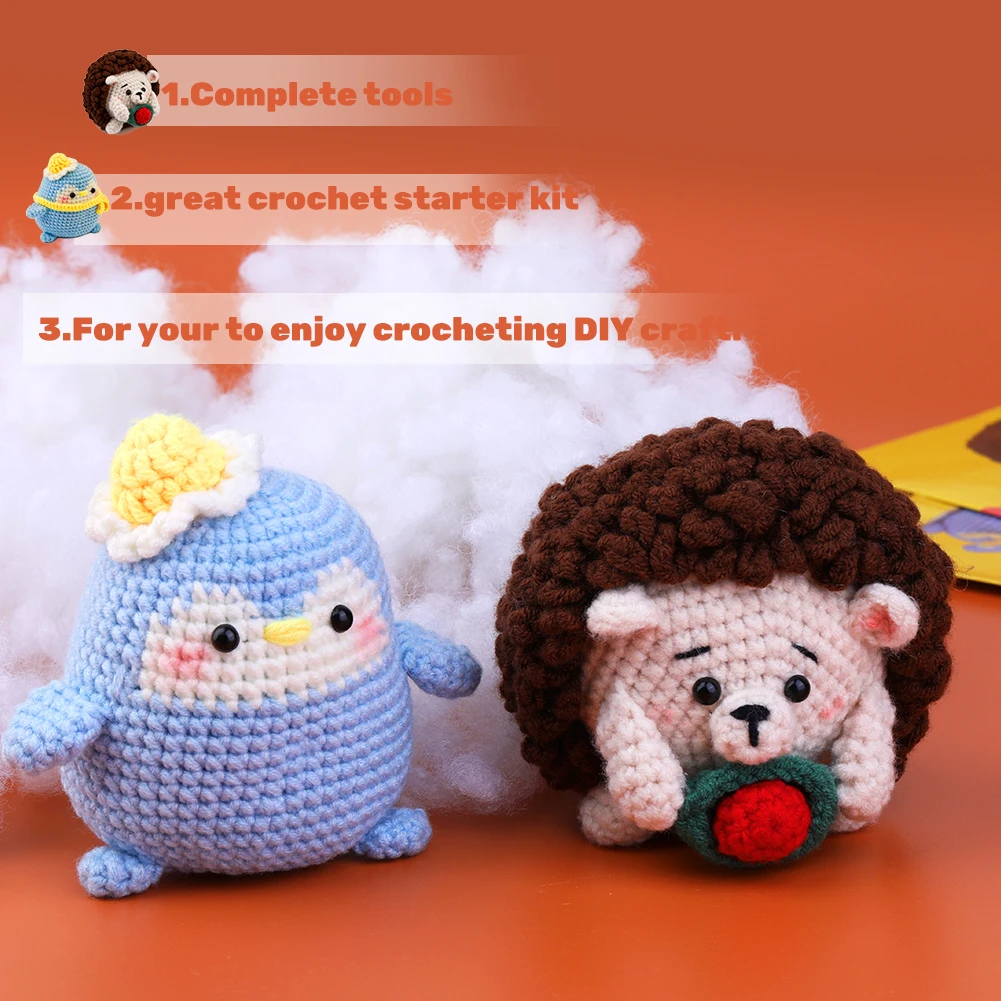 Handmade Crochet Beginner Kit Animal Diy Hedgehog and Penguin