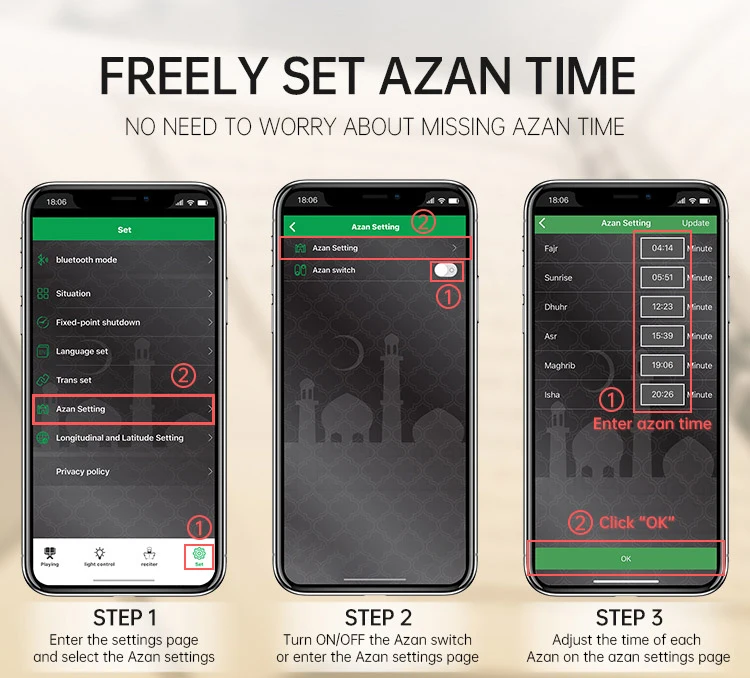 HANMOSS Muslim Gift Quran Speaker Azan Clock App Controls Led Blue tooth Touch Light Quran Player With Remote Control