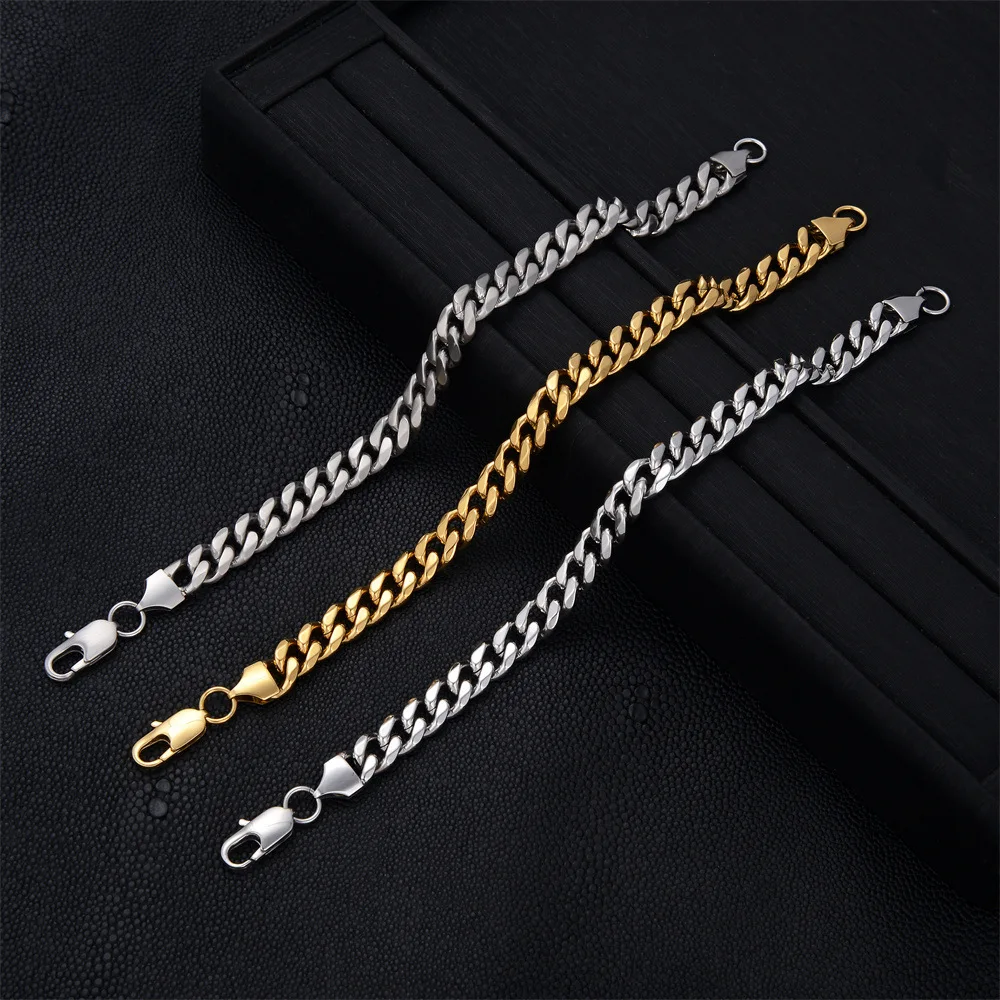 Hip Hop Mens Personalized 18K Gold Link Bracelet Stainless Steel 9MM Cuban Chain Bracelet for Men