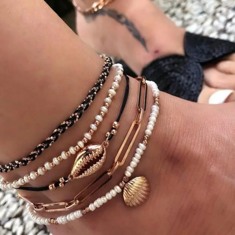 5Pcs/Set Summer Ocean Beach Foot Chains Bohemia Jewelry Handmade Multi-layer Anklets Beaded Sea Shell Geometric Anklets Women