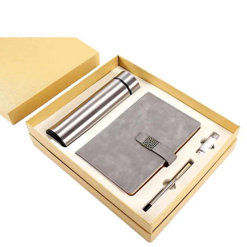 Business 4 piece gift sets usb flash drive & vacuum cup & pen and leather notebook with magnetic lock