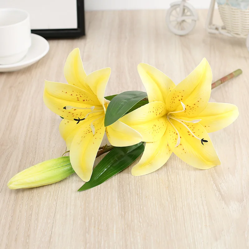 Lily Faux Flower Silk Lily Faux Plastic Pu 3 Heads Real Touch Floral Bouquet Party Table Centerpiece Silk Faux Lily