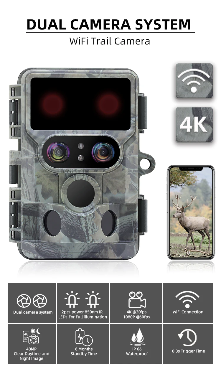 4K 48MP 13MP SONY Native Sensor WiFi Bluetooth Wild Game Trail Camera with 850nm LEDs 65ft Detection Range for Hunting