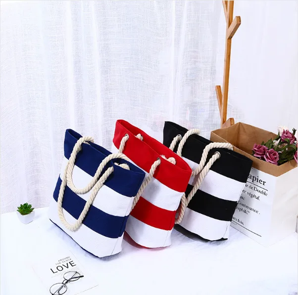 YIMYIK New Versatile Hemp Rope Fashion Canvas Bag Single Shoulder Bag Splicing Stripe Canvas Beach Bag Rope Handles