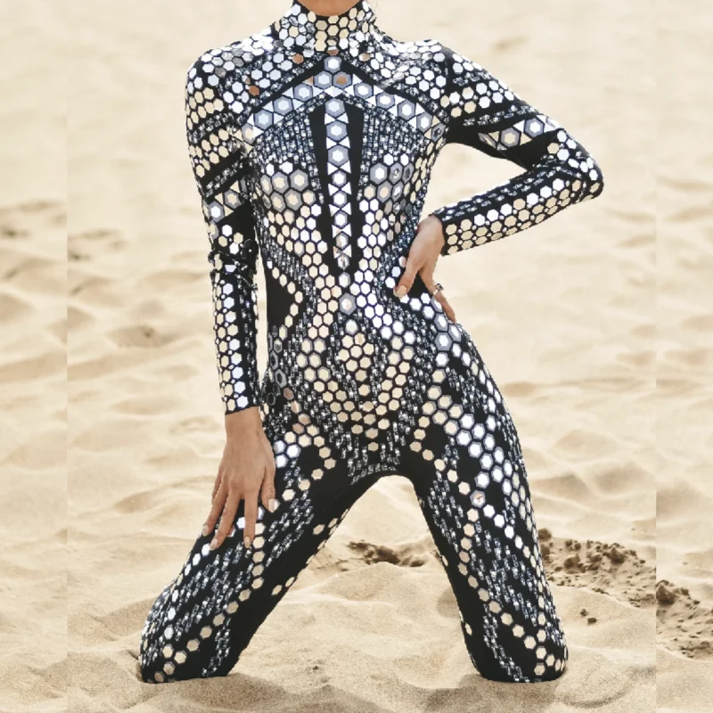 Блестящий сетчатый боди с блестками большого размера, танцевальный купальник, одежда для выступлений, Женская Сексуальная Клубная вечеринка, облегающий цельный комбинезон