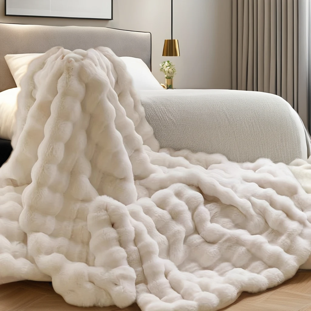 Super Soft Faux Rabbit Fur Blanket All Seasons Bubble Blanket for Bedroom Bed & Sofa Knitted Fleece Winter Home Decor
