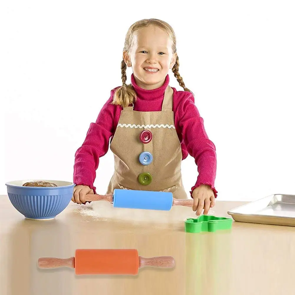 Kids Dough Rollers Baking Tools Supplies Home Kitchen Custom Wood Silicone Pastry Boards Mini Rolling Pin Set With Wooden Handle