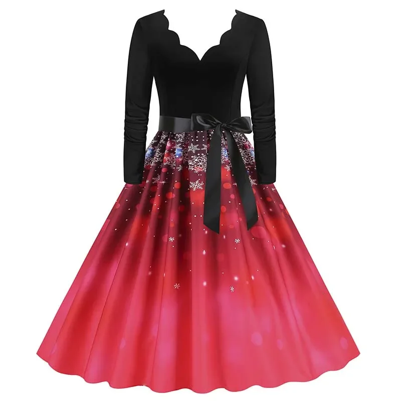 Women Christmas Dress Winter Vintage Long Sleeve V Neck Print Evening Party Xmas New Year Prom Dress