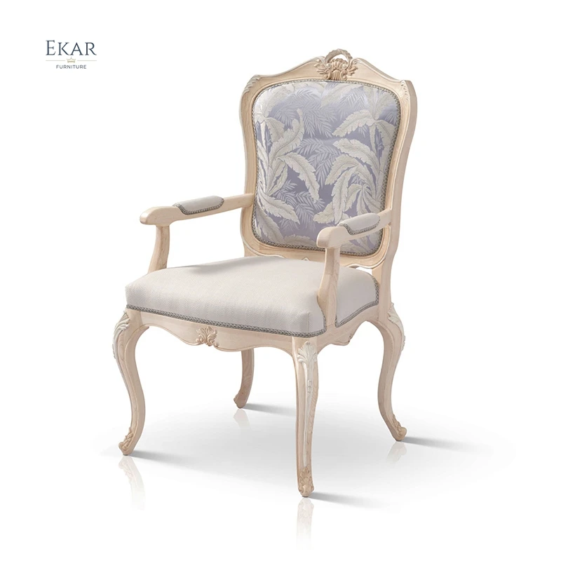 French Style Fabric Antique Wooden Carved Dining Armchair Solid Wood Frame Dining Chairs with Armrests