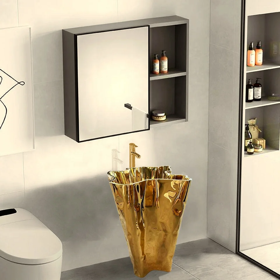 Light luxury club villa KTV tree root mirror gold special-shaped metal stainless steel wash basin