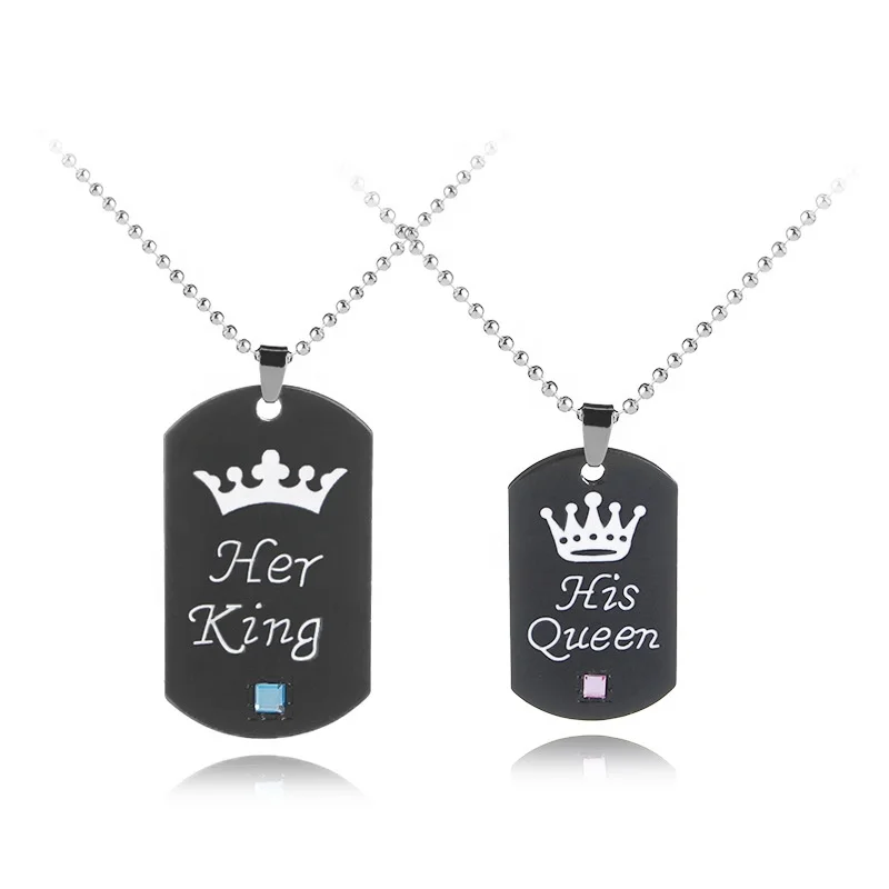 New Fashion Her King His Queen Black Crown Couple Pendant Necklace