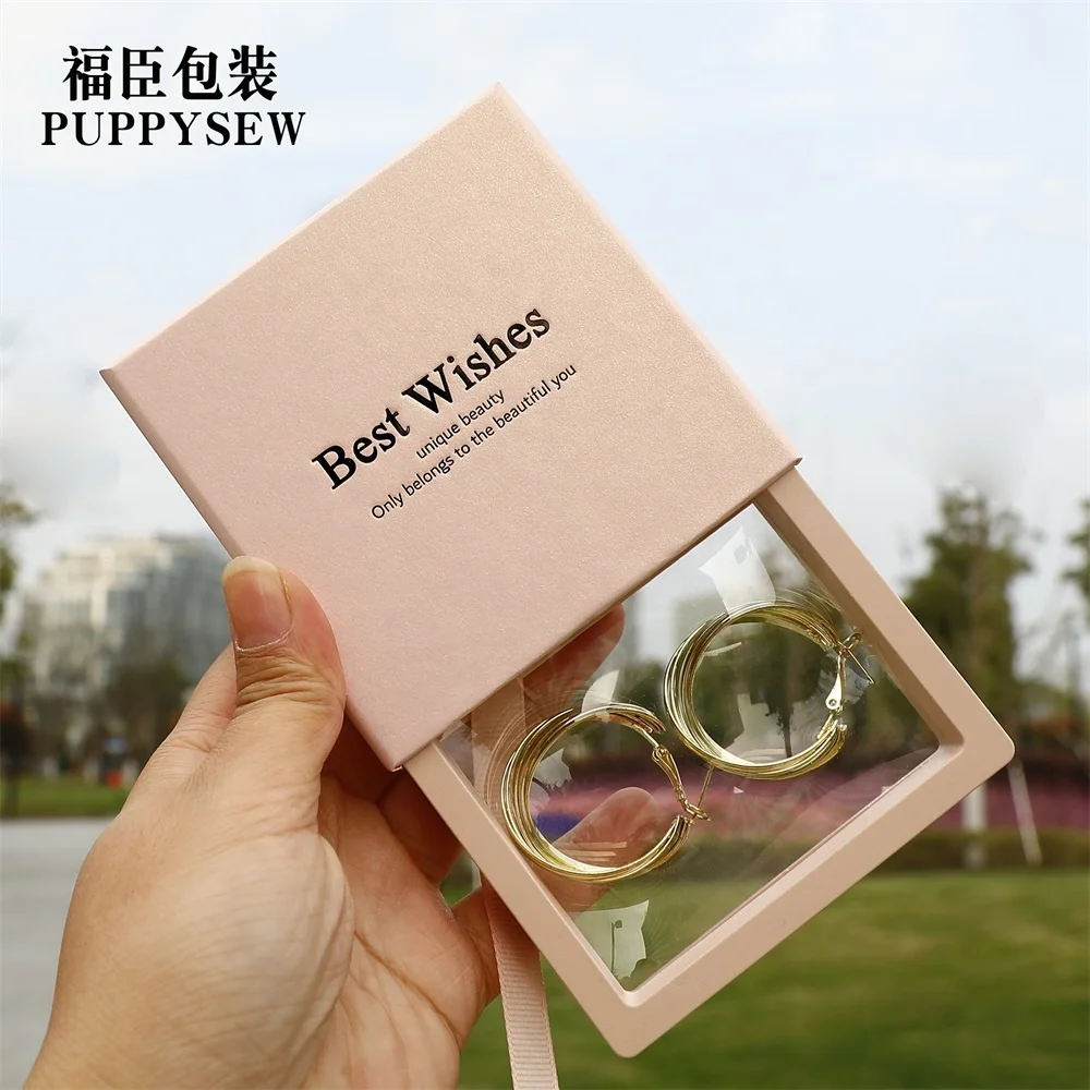 PUPPYSEW Custom logo 9.5*9.5cm Black Jewelry Box Transparent PE Film Display Packing Bracelet Ring Earring