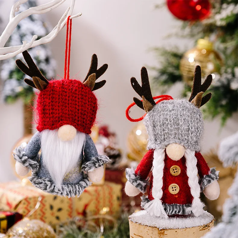 Christmas Tree Ornament Creative Cute Knitted Antler Hat Rudolph Doll With LED Light Hanging Gnomes Holiday Decoration Pendant