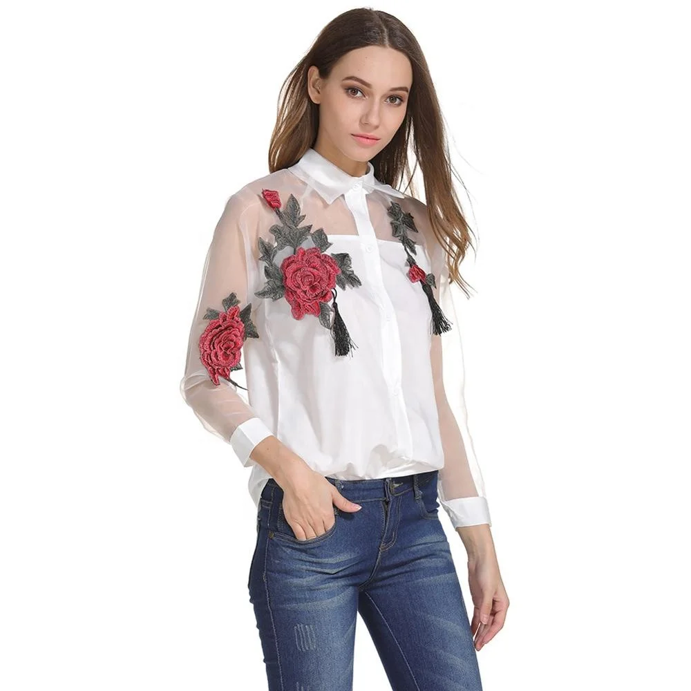 Custom fashionable plus size long sleeve floral womens blouses tops shirt